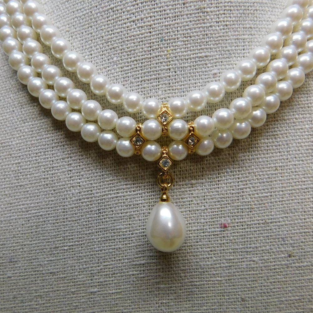 Vintage Marvella Triple Stranded Gold Tone Faux Pearl Choker - NWT